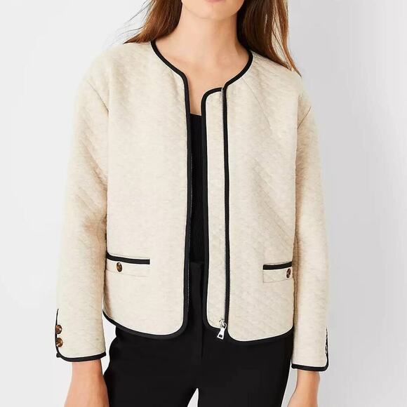 Ann Taylor Heather Beige Quilted Full Zip Jacket Women's Size L NWT - Picture 1 of 6